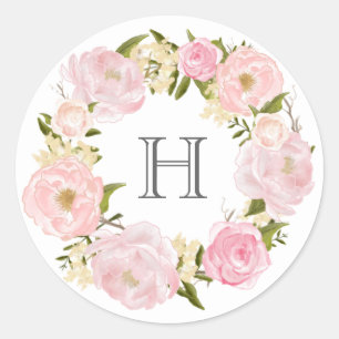 Blush Pink Peony Wreath Monogram Classic Round Sticker