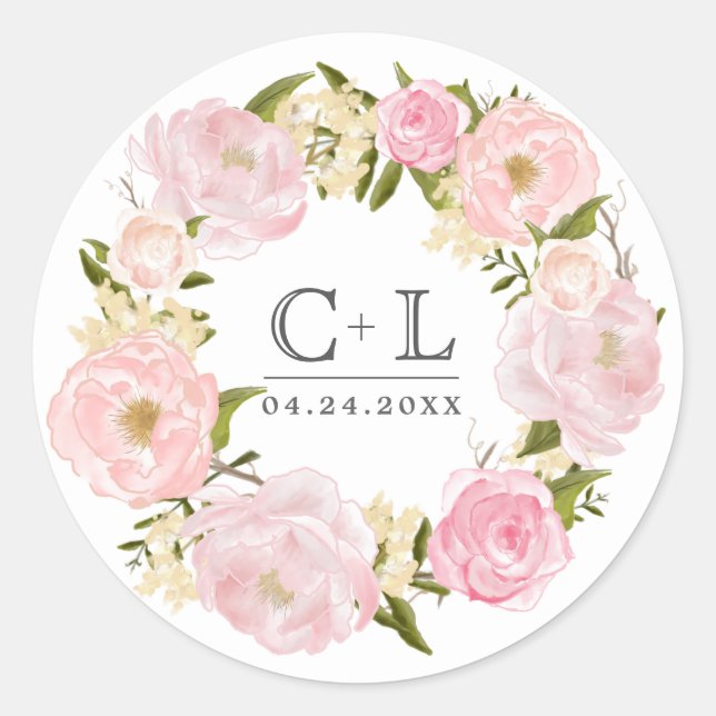 Blush Pink Peony Wreath Wedding Classic Round Sticker (Front)