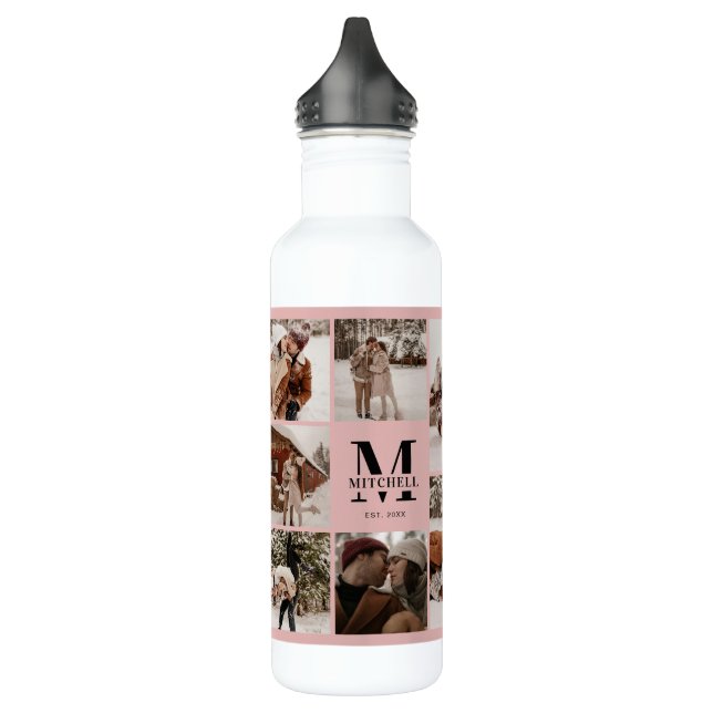 Blush Pink Personalized Monogram & Photo Collage 710 Ml Water Bottle (Left)