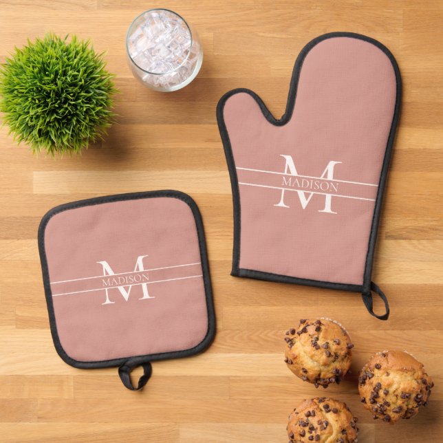 Blush Pink Personalized Monogrammed Custom Name  Oven Mitt & Pot Holder Set (Top Down)