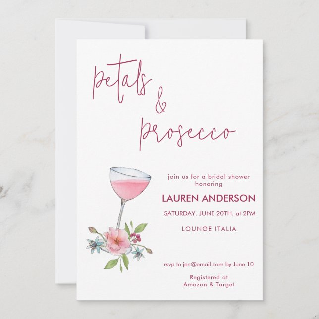 Blush Pink Petals and Prosecco Bridal Shower  Invitation (Front)