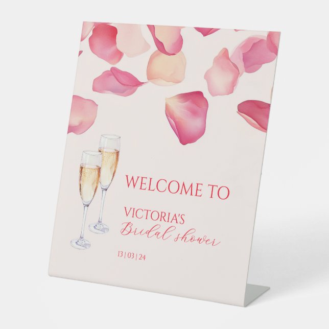 Blush Pink Petals & Prosecco Bridal Shower Welcome Pedestal Sign (Front)