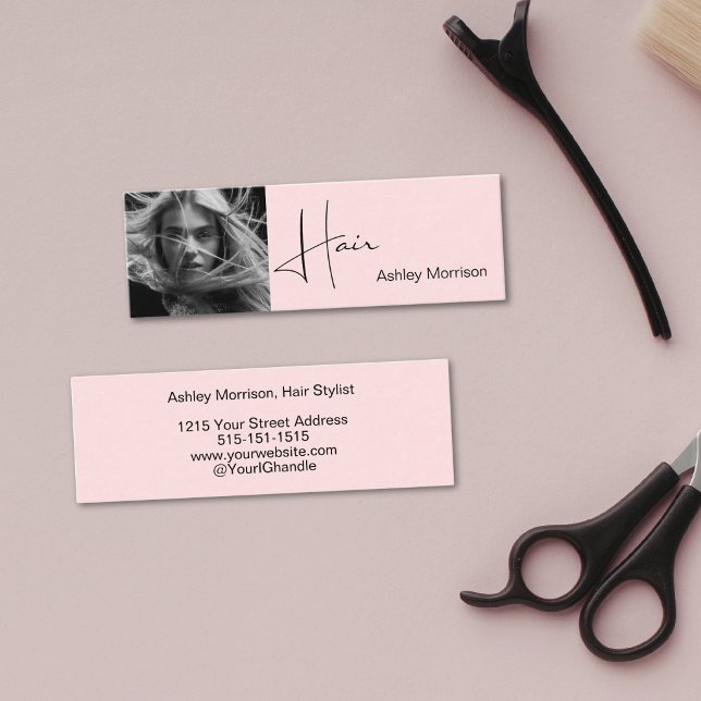 Blush Pink Photo Black Script Hair Sylist Mini Business Card (Creator Uploaded)