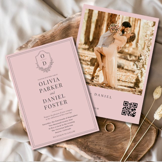 Blush Pink Photo Elegant QR Code Crest Wedding Invitation (Creator Uploaded)