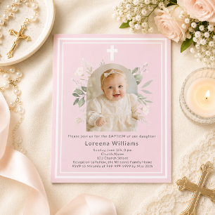 Blush pink photo florals girl Baptism invitation