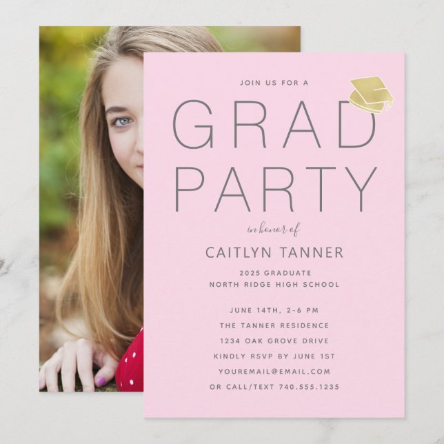 Blush Pink Photo Graduation Party Invitation (Front/Back)