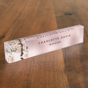 Blush pink photo monogram modern employee nameplate