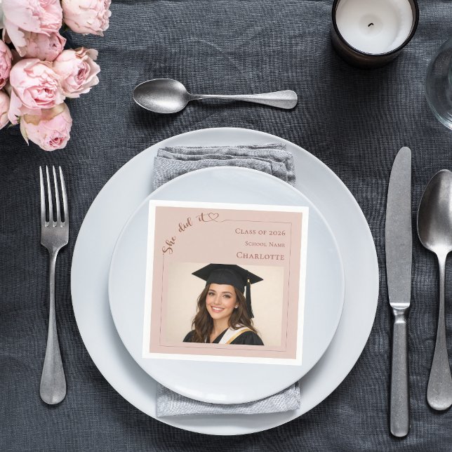 Blush pink photo She did it Graduation Party Napkin (Creator Uploaded)