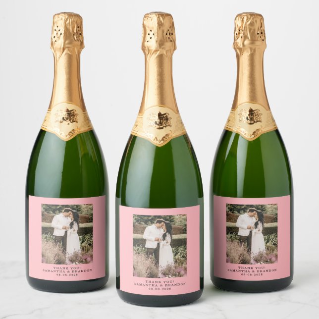 Blush Pink Photo Thank You Wedding  Sparkling Wine Label (Bottles)