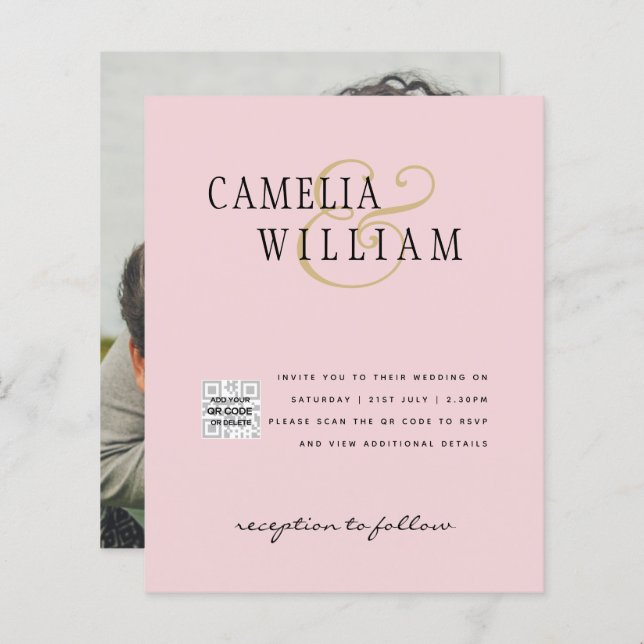 Blush PINK Photo Wedding Invite QR Code Save Date (Front/Back)