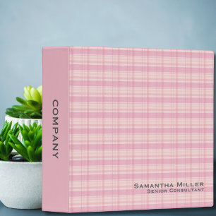 Blush Pink Plaid Gray Text Custom Name Company Binder