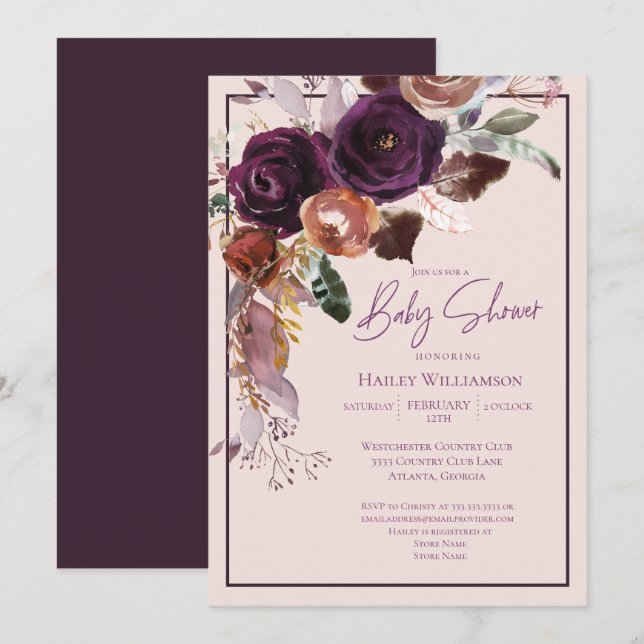 Blush Pink, Plum, Pink and Gold Baby Shower Invitation (Front/Back)