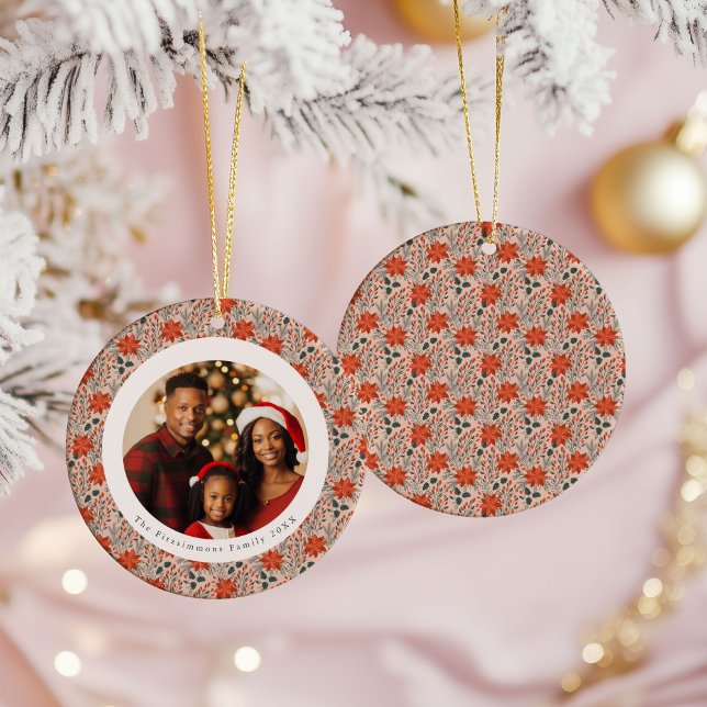 Blush Pink Poinsettia 1 Family Photo Christmas Ceramic Ornament (Poinsettia Season 1 Sided Photo Christmas Ornament blush pink)