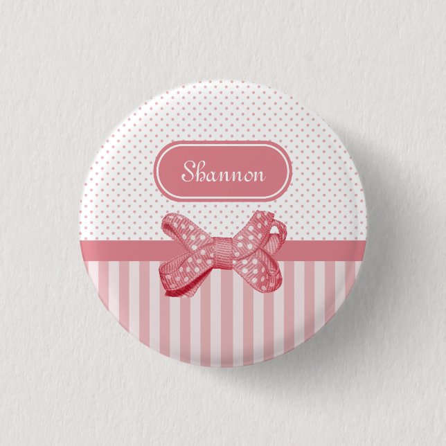 Blush Pink Polka Dot With Stripe Bow Design  1 Inch Round Button (Front)