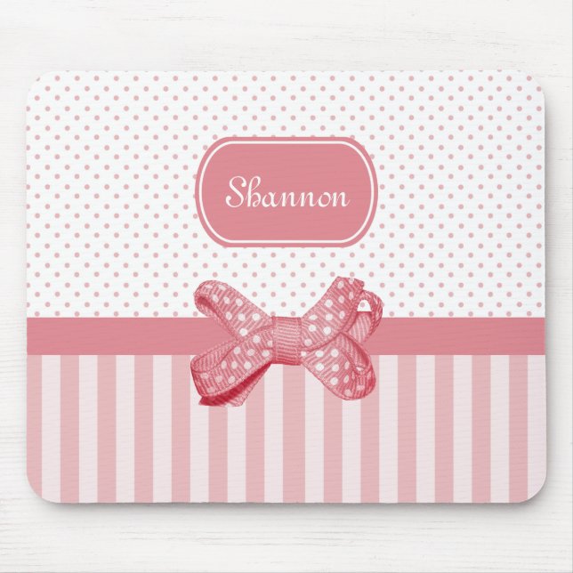 Blush Pink Polka Dot With Stripe Bow Design  Mouse Pad (Front)