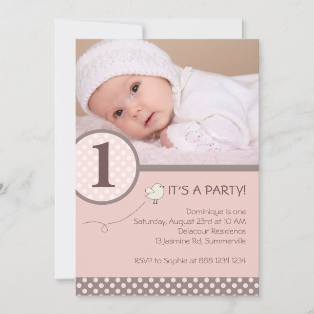 Blush Pink Polka Dots Photo Birthday Party Invite (Front)