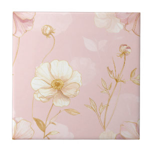 Blush Pink Poppy Floral Print with Gold Accents Tile