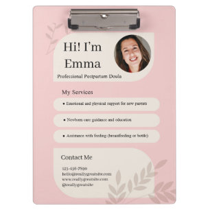 Blush Pink Postpartum Doula Professional Design Clipboard