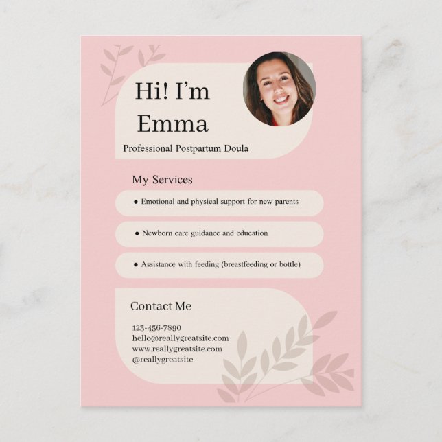 Blush Pink Postpartum Doula Professional Design Postcard (Front)