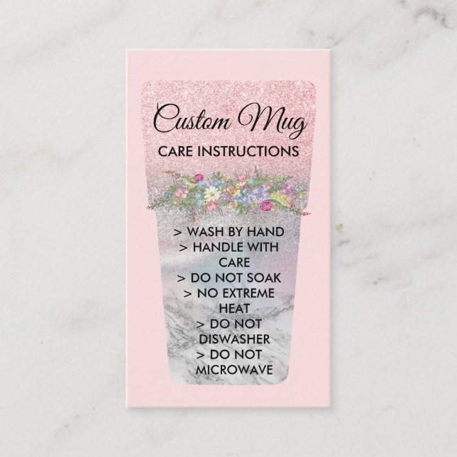Blush Pink Printed Mug Tumbler Care Instructions Business Card (Front)