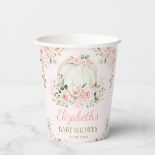 Blush Pink Pumpkin Fall Greenery Baby Shower Paper Cups
