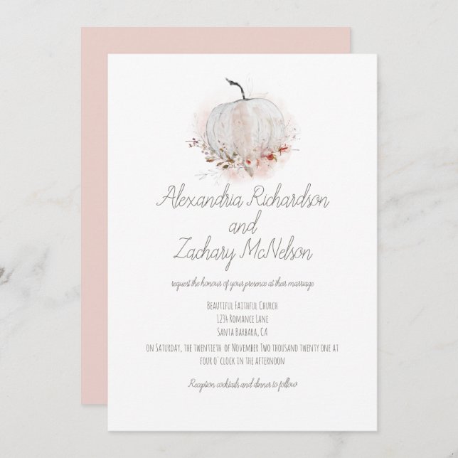 Blush Pink Pumpkin Rustic Watercolor Wedding Invitation (Front/Back)