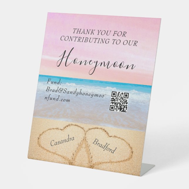 Blush Pink Purp Beach Wedding 2 Hearts in the Sand Pedestal Sign (Front)