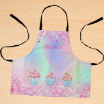 Blush pink purple baking glitter cupcakes name apron<br><div class="desc">A trendy holographic,  iridescent background with unicorn colours and rainbow colours in pink,  purple,  rose gold,  mint green. Decorated with faux glitter dust in pink and 3 cupcakes. Personalize and add your name.  The name is written with a modern hand lettered style script.</div>