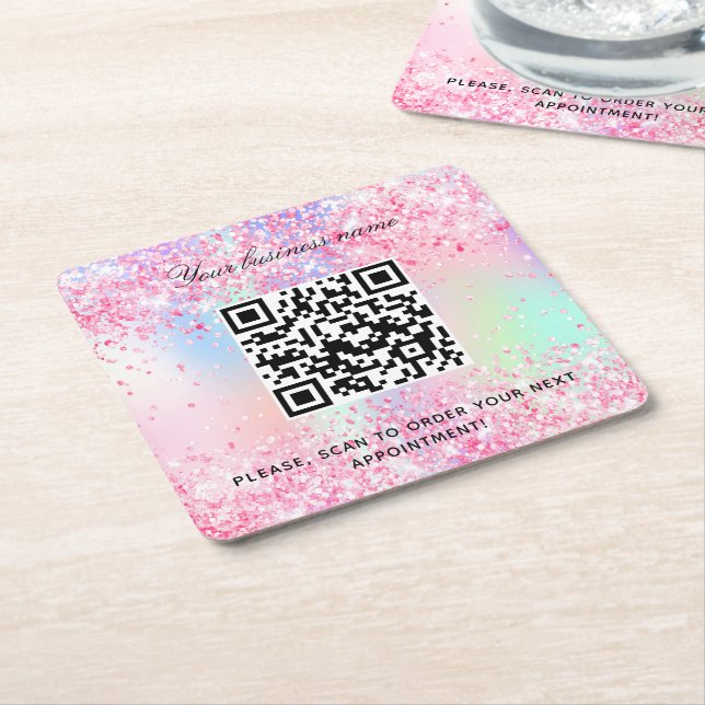 Blush pink purple business salon name qr code  square paper coaster (Angled)
