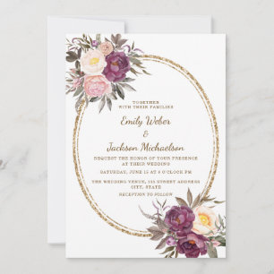 Blush Pink Purple Cream Floral Gold Wedding Invitation