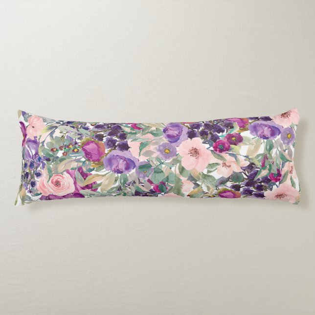 Blush Pink Purple Floral Sage Green Leaves Body Pillow (Front)