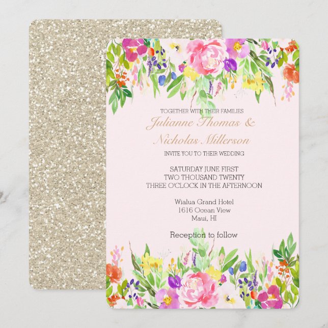 Blush Pink Purple Floral Watercolor Gold Sparkle Invitation (Front/Back)