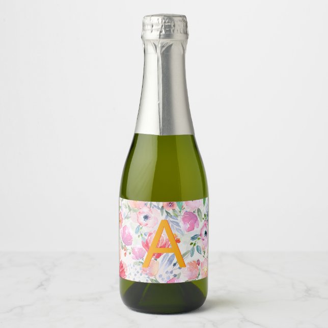 Blush pink purple florals monogram birthday party sparkling wine label (Front)