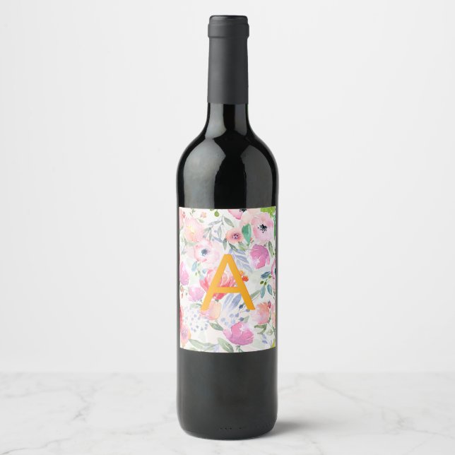Blush pink purple florals monogram birthday party wine label (Front)