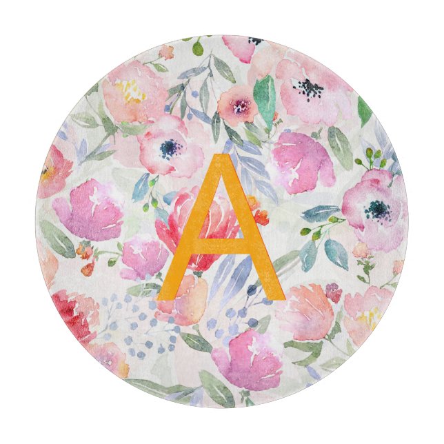 Blush pink purple flowers chic monogram cutting board (Front)