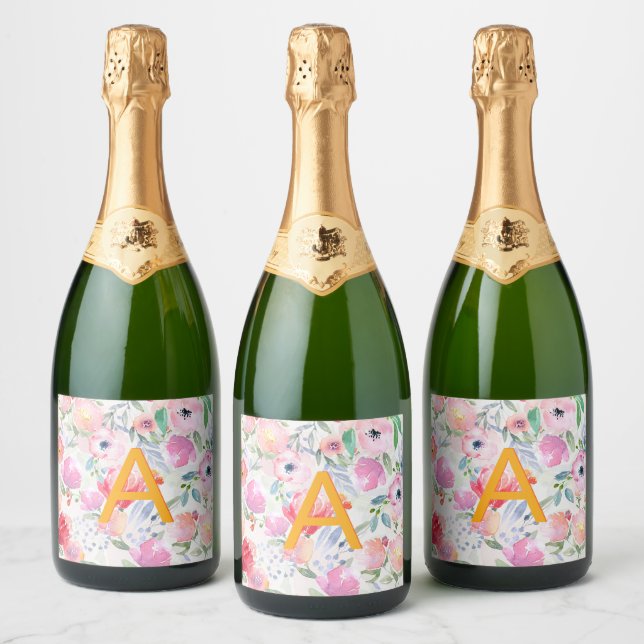Blush pink purple flowers monogram sparkling wine label (Bottles)
