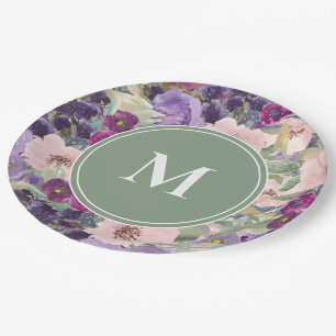Blush Pink Purple Flowers Sage Green Monogram Paper Plate
