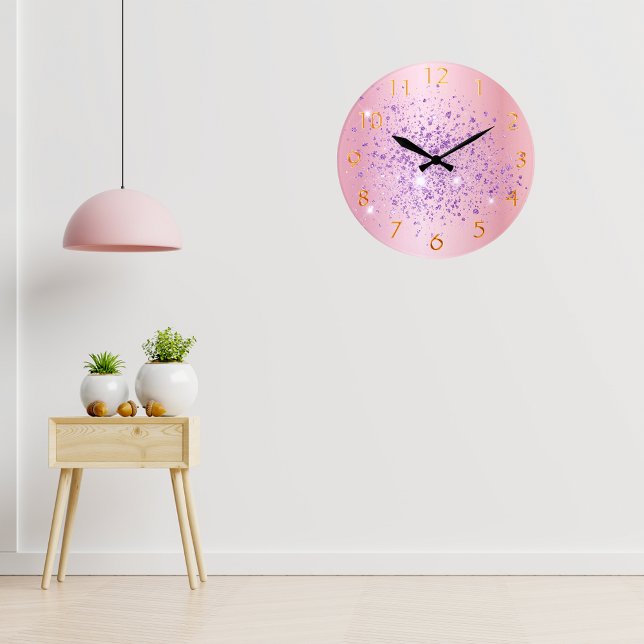 Blush pink purple glitter dust metal name script large clock (Creator Uploaded)