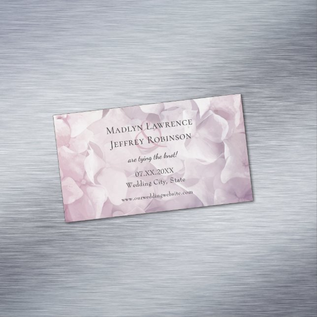 Blush Pink Purple Hydrangea garden save the date Magnetic Business Card (In Situ)
