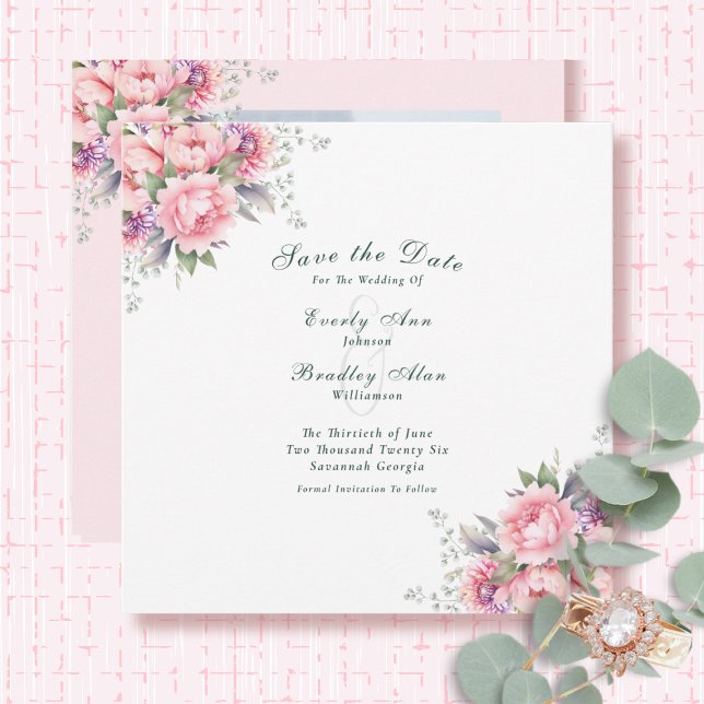 Blush Pink Purple Sage Elegant Script Floral Save The Date (Creator Uploaded)