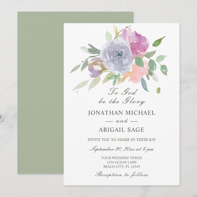 Blush Pink Purple Simple Floral Christian Wedding Invitation (Front/Back)