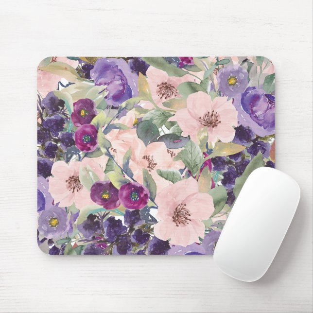 Blush Pink Purple Watercolor Floral Mouse Pad (With Mouse)