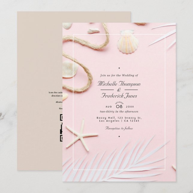 Blush Pink  QR Code RSVP Beach Wedding Invitation (Front/Back)