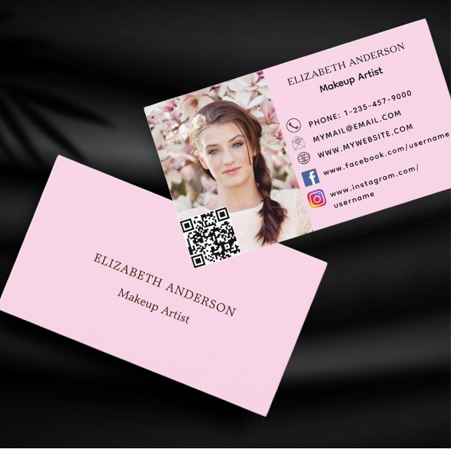 Blush pink qr code social media photo business card (Creator Uploaded)