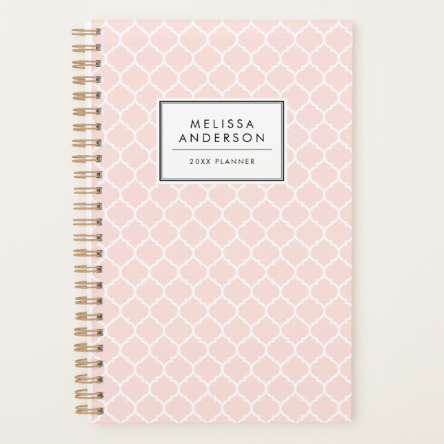 Blush Pink Quatrefoil Pattern Personalized Planner (Front)
