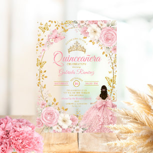 Blush Pink Quinceañera Golden Butterfly Invitation