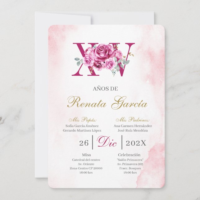 Blush pink quinceañera with pink rose invitation (Front)