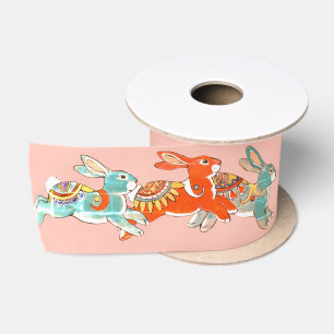 Blush Pink Rabbit Bunny Folk Art Tribal Pattern Satin Ribbon