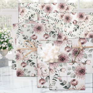 Blush Pink Ranunculus Dahlia Eucalyptus Garden Wrapping Paper Sheet