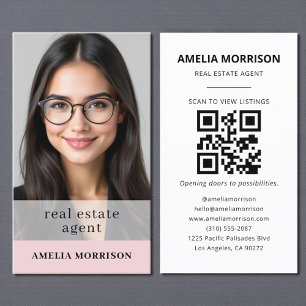 Blush Pink Real Estate Agent QR Code Photo Business Card
